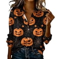 thumbnail image 2 of Women's Pumpkin Shirts Long Sleeve Button Down Halloween Tops Jack-O-Lantern Spiderweb Graphic Blouses Casual V Neck Collared Fall Holiday Party Outfits, 2 of 5