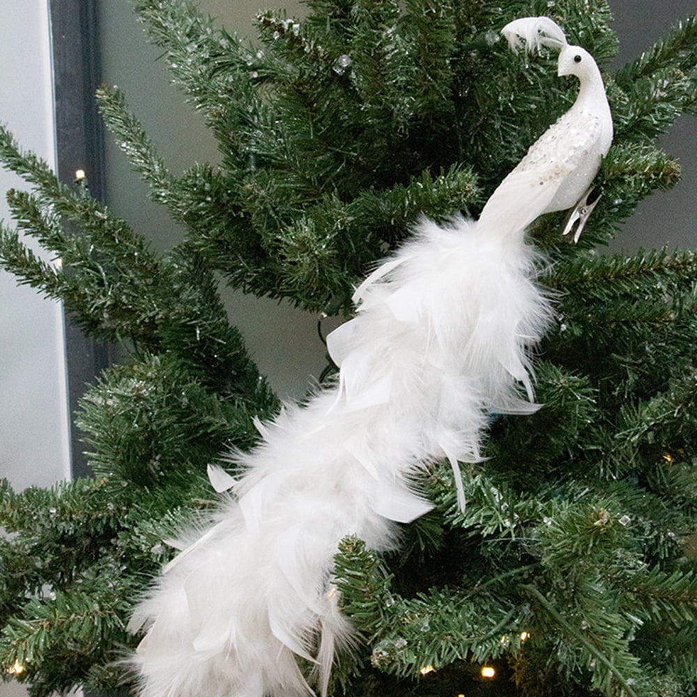 White Feathered Peacock Christmas Decor Simulation Peacock Sequin Birds  with Clip Xmas Tree Ornaments Home Garden Decorations (15.75x3.15) 