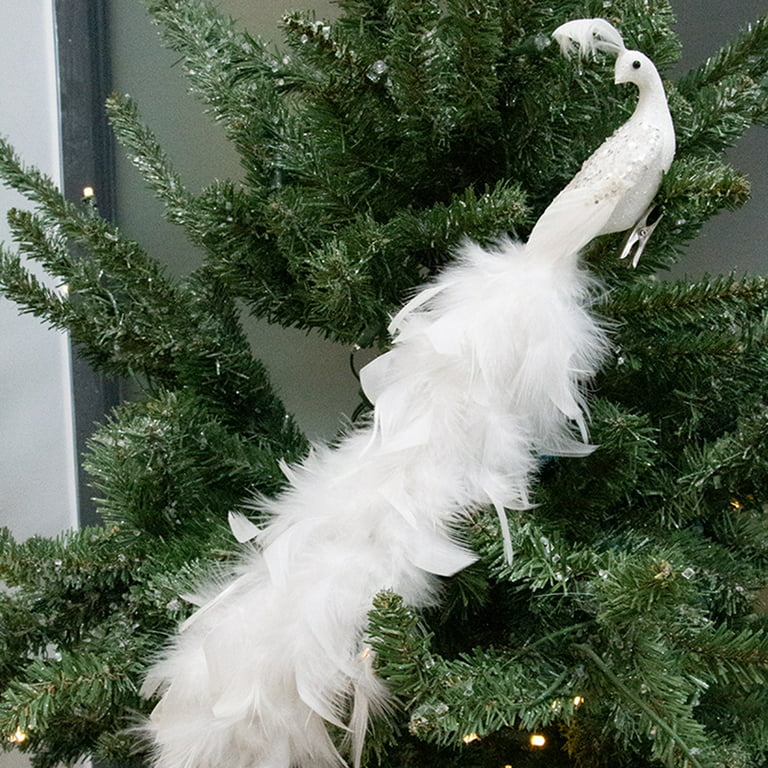 White Feathered Peacock Christmas Decor Simulation Peacock Sequin Birds with Clip Xmas Tree Ornaments Home Garden Decorations (15.75 inchx3.15 inch)