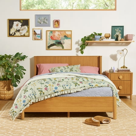 Beautiful Wrap Me Up Fluted Queen Bed by Drew Barrymore, Warm Honey Finish