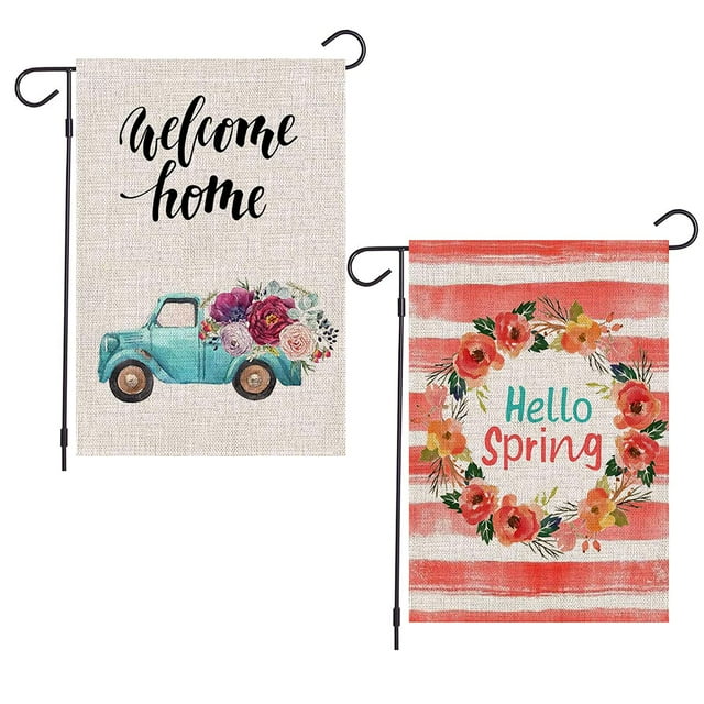 Hello Spring Garden Flag, Double Sided Burlap Flower Welcome Home Garden Flag, Buffalo Check Plaid Rustic Spring Summer Fall Farmhouse Yard Outdoor Welcome Garden Decor, 12.5X18 Inch - 2 Packs