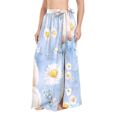 Cartoon Cute Beige Bear White Daisies Women s Swimwear Cover Ups Strappy Beach Dress Sarong Wrap M