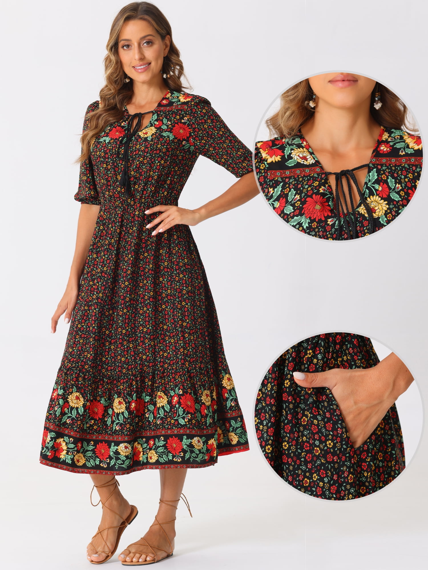 DARING DIVA Boho Midi Drawstring V Neck Dress M Black