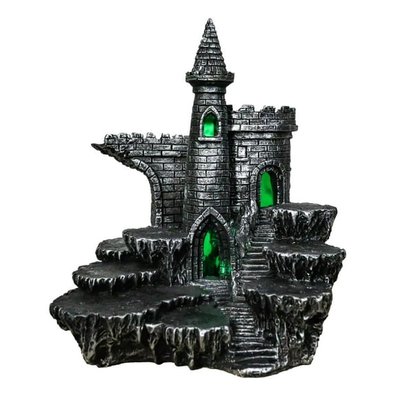 Medieval Stonewall Castle Fortress On Rock Steppes Display Stand W/ LED Figurine
