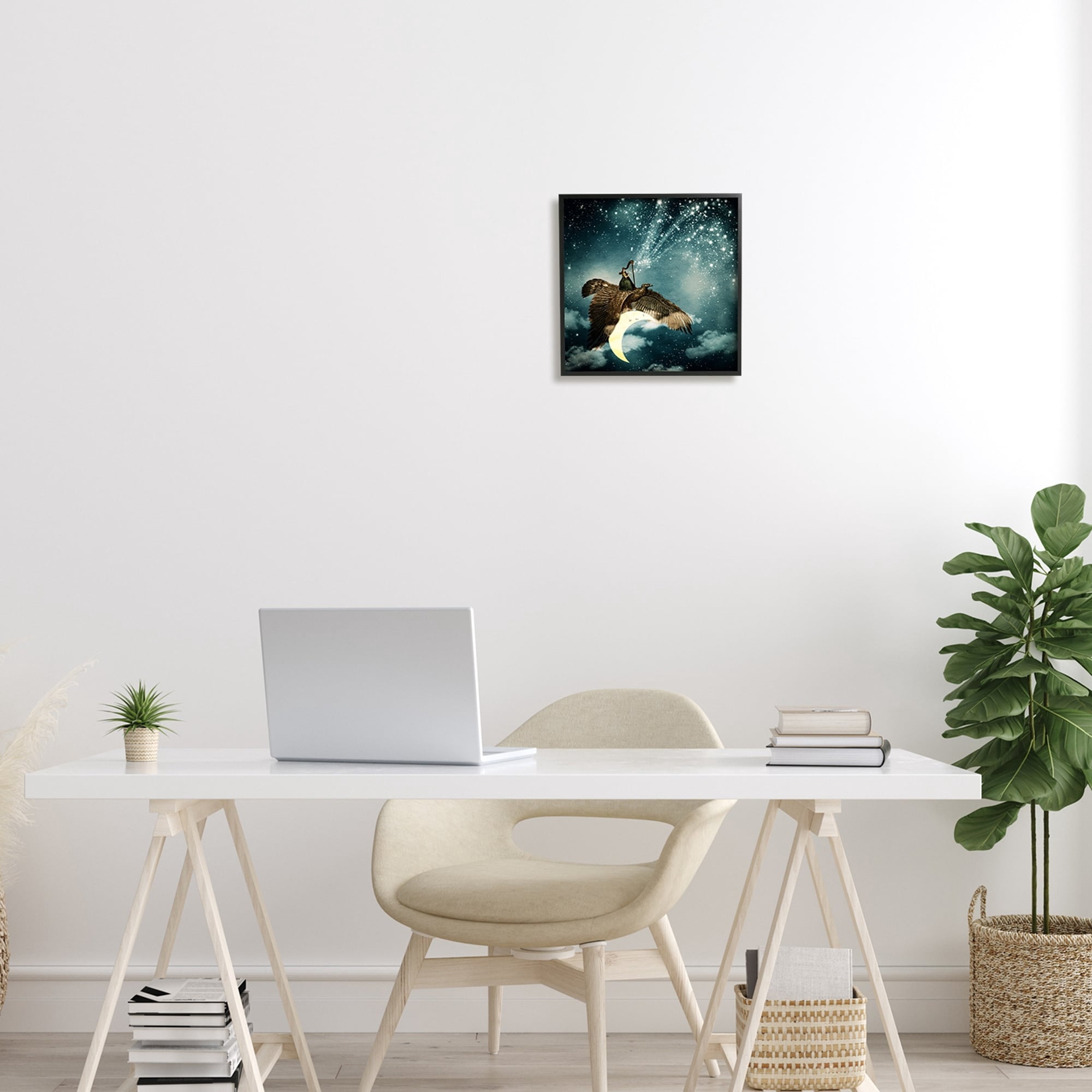Dreamy Surreal Bird Flying Moon Harp Galaxy Stars Animals & Insects Painting Framed Art Print Wall Art