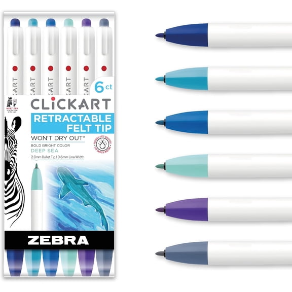 Zebra Pen CLiCKART Retractable Felt Tip Pen Assorted Deep Sea Colors 6 Pack