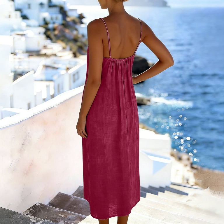 red linen summer dresses Rutainlusire Womens Sleeveless Dresses Ladies' Summer Pocket Linen Ruffled Sleeve V-Neck Dress Red XXL, Women's, Size: 2XL