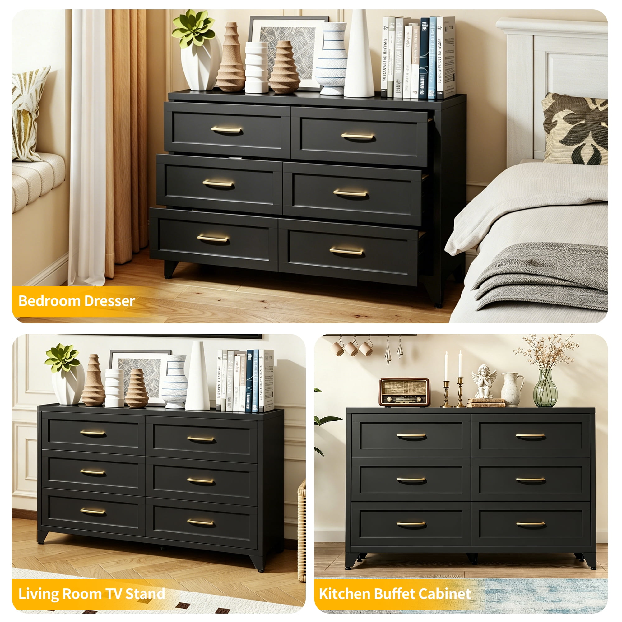ShiKeyi 6 Drawer Dresser for Bedroom, Modern Metal Wide Storage Chest with Metal Handles and Legs, Black