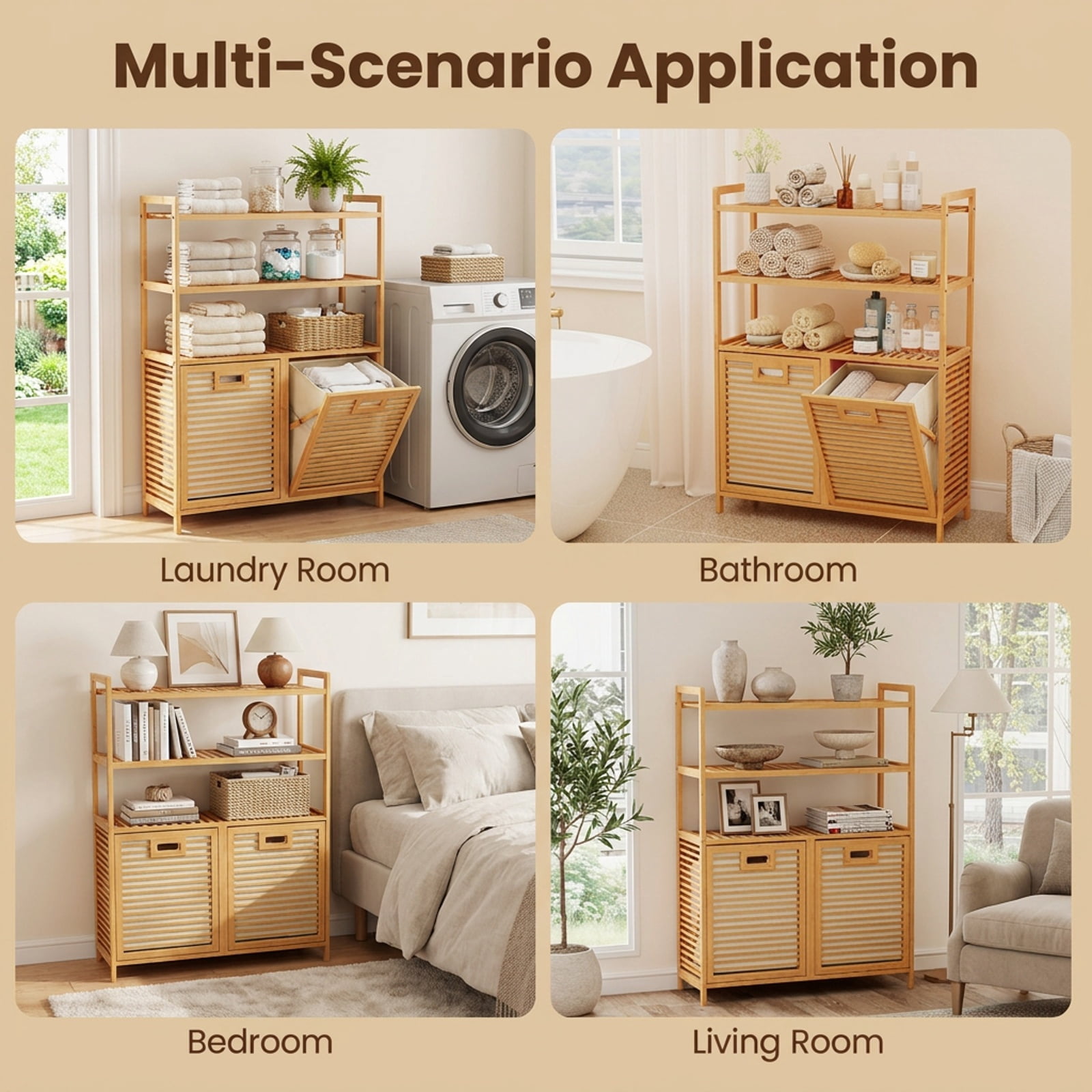 Vebreda Laundry Hamper with 2 Removable 7-Gallon Baskets, Double Tilt-Out Laundry Hamper Cabinet with 3 Open Shelves, Natural Bamboo