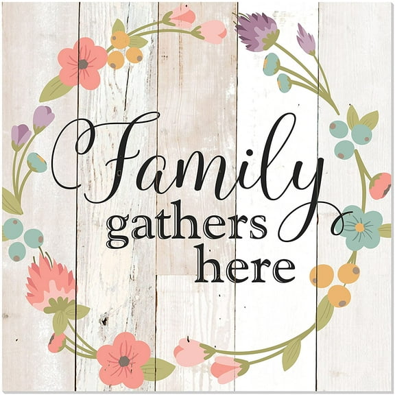 Family Gathers Here Farmhouse Style Wall Sign 12x12