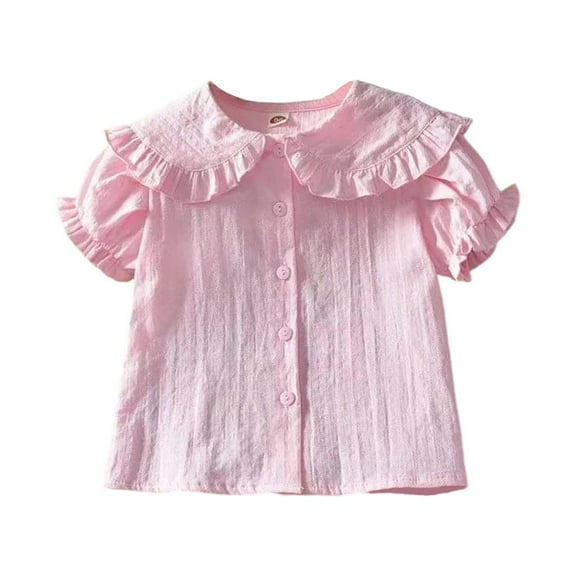 RMGVDSD Girls Blouse Shirts Girls Short Sleeve Button Down Shirts Ruffle School Uniform Tops With Peter Pan Collar Solid Color Cute Fashion Blouses 4-5 Years