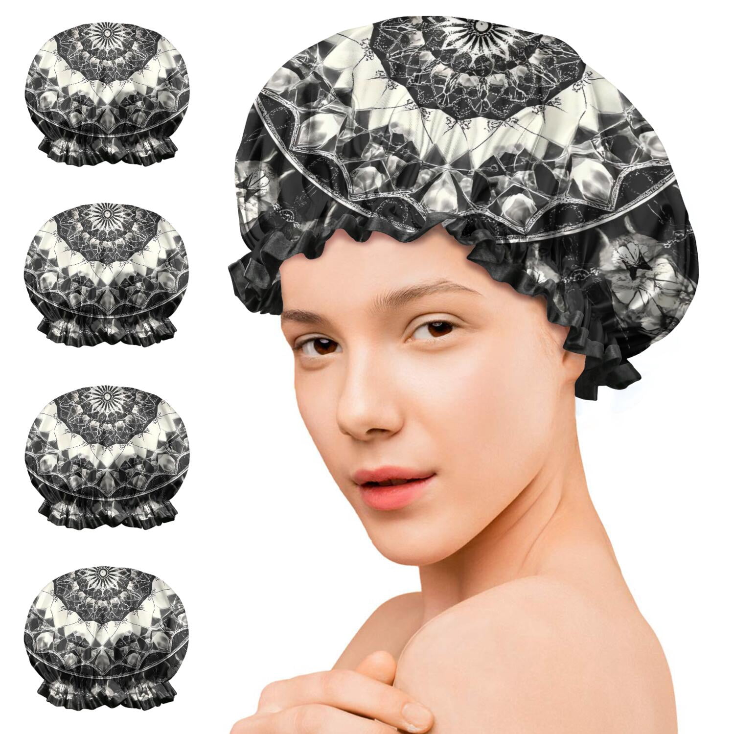 Shower Caps,Black White Tie Dye Mandala Pattern Waterproof Shower Cap for Women 4 Pieces,Double Reusable Hair Cover for Shower PEVA Elastic Stretch Hem