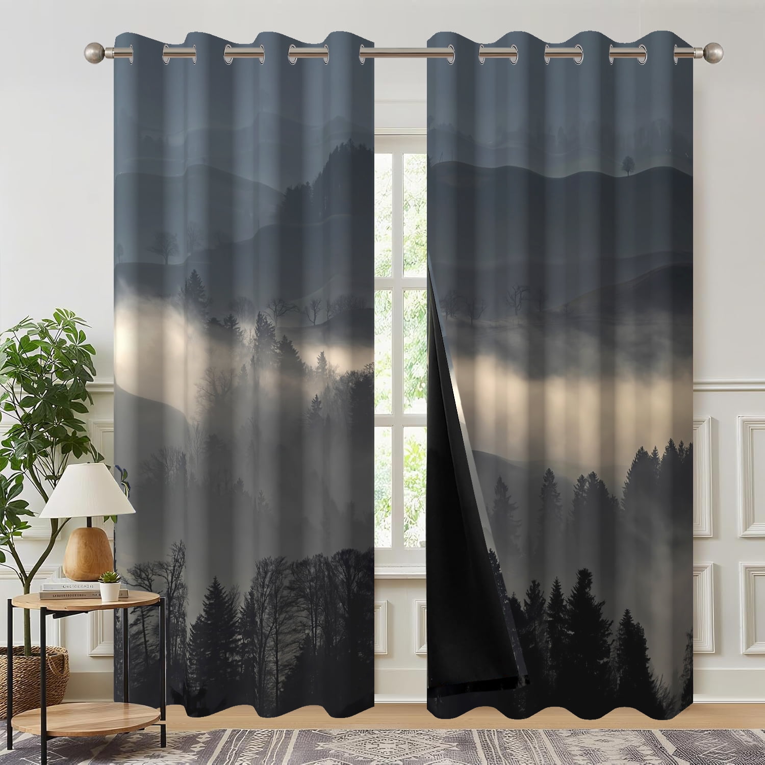 Gray Misty Forest Blackout Curtain for Living Room,Foggy Mountain Thermal Insulated Drapes for Bedroom (52Wx84L,2 Panels)