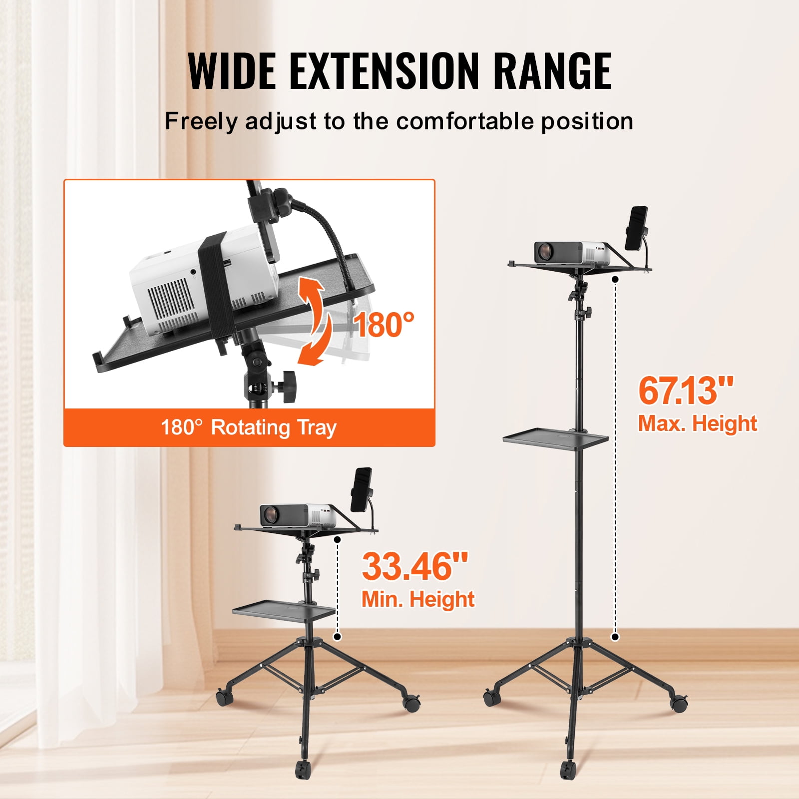 KFFKFF Mobile Projector Stand, Tripod Laptop Stand with Adjustable Elevation from 31.3 to 67.3 inches, Equipped with Dual Trays and Flexible Phone Holder, Suitable for Outdoor Cinema, Home