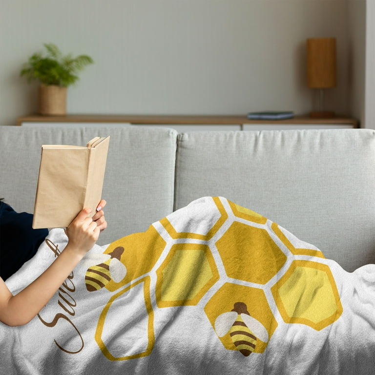 Honey Bee Soft Flannel Fleece Throw Blanket Cursive Calligraphy and Beehive Hexagons Graphic Cozy Plush for Indoor and Outdoor Use 60