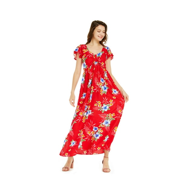 Hawaii Hangover Women's Hawaiian Maxi Ruffle Sleeve Dress in Hibiscus