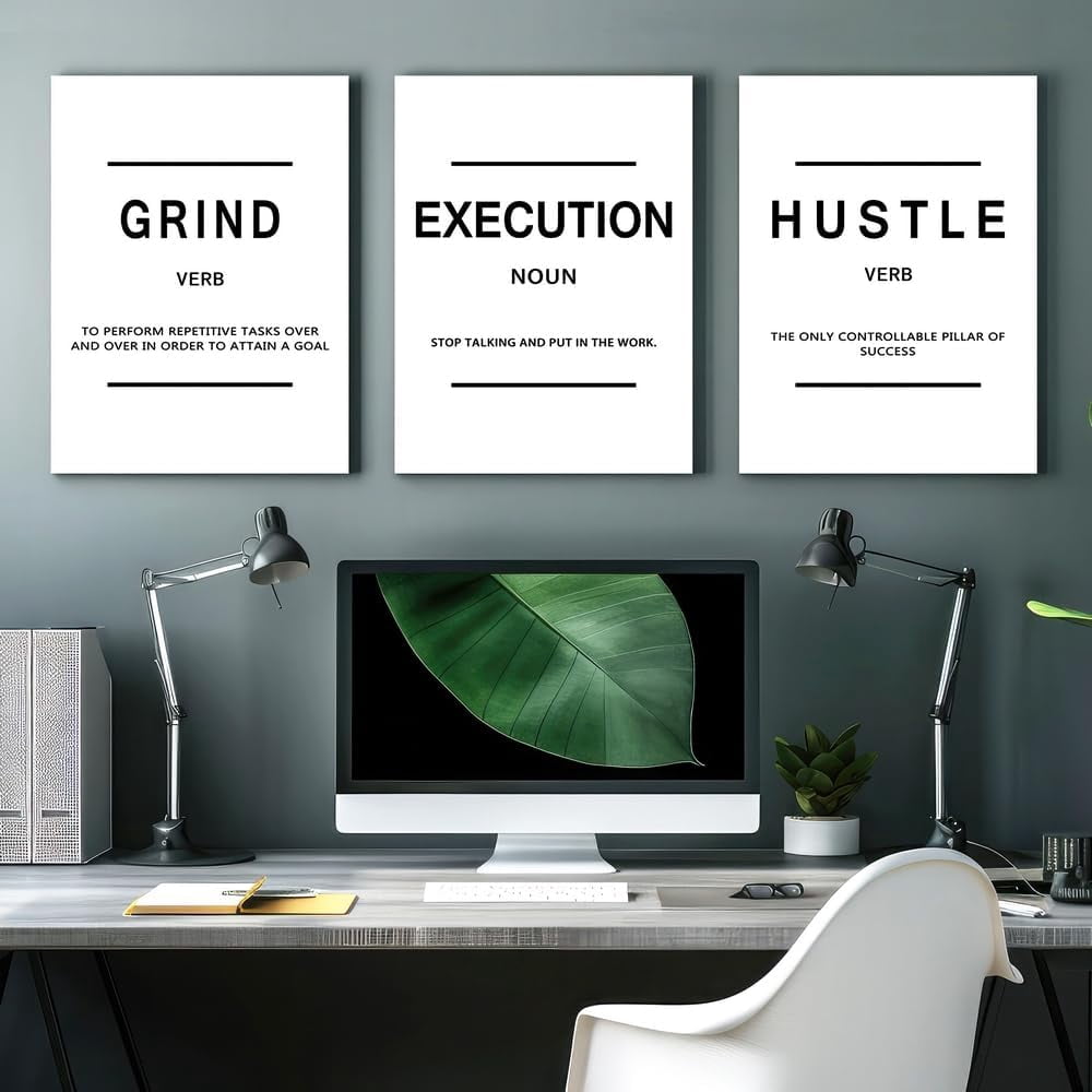Black and White Framed Canvas Inspirational Painting Wall Art Grind Hustle Execution Motivational Wall Art Decoration Posters Prints for Living Room Bedroom Office Decor Ready to Hang 12"x16"