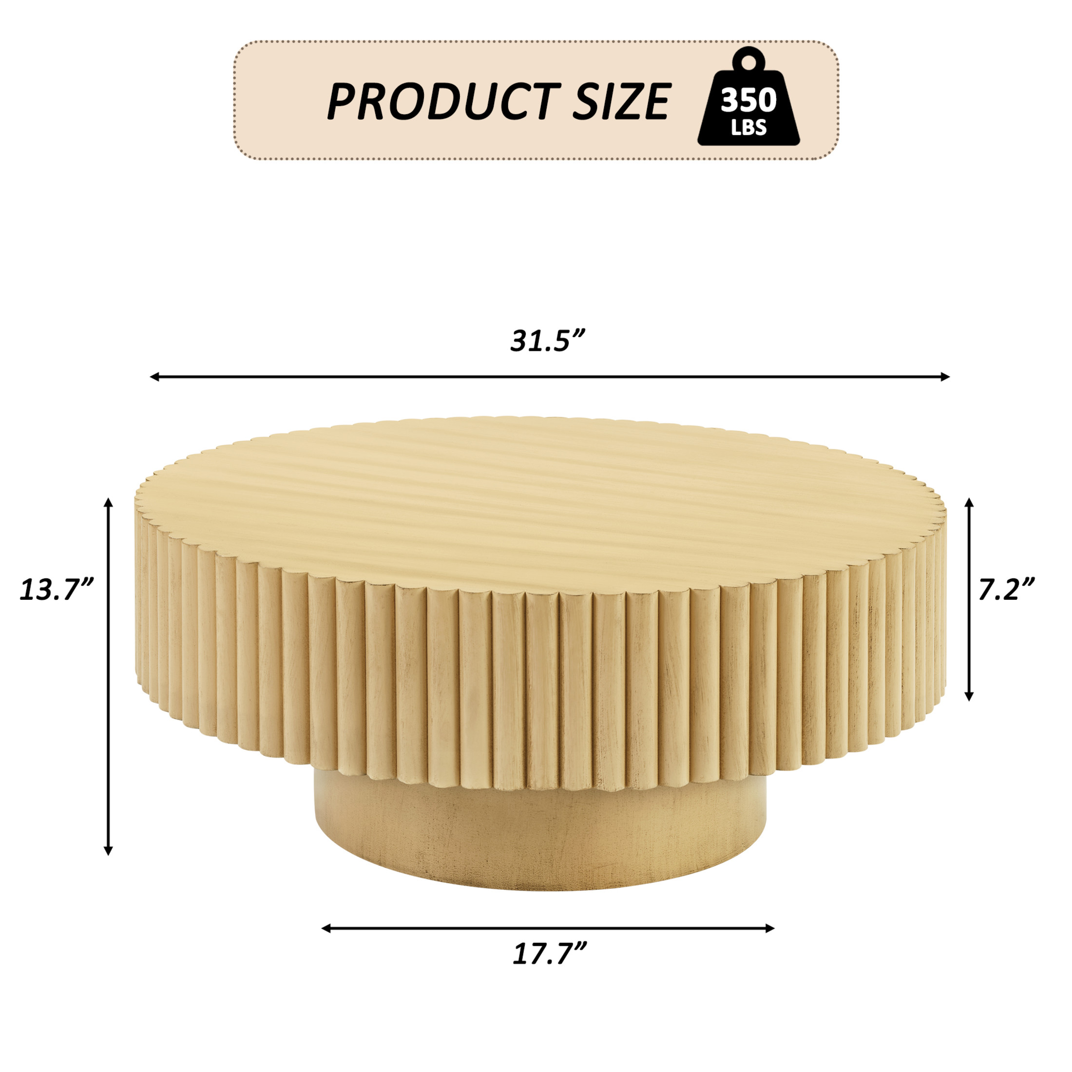 Noble House 31.5" Round Fluted Drum Coffee Table, Solid Wood Modern Center Table for Living Room, Natural