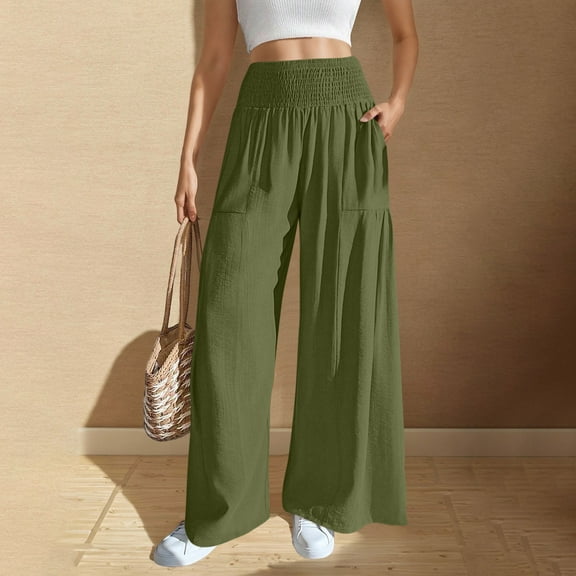 Roncen Women's Solid Elastic Waist Trousers - Casual Comfort Fit Pants with Side Pockets, Minimalist Design