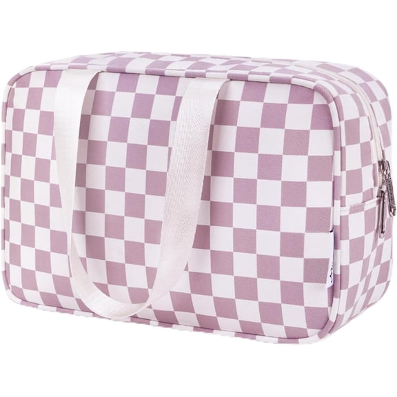 Travel Toiletry Bag Women Large Cosmetic Bag Travel Makeup Bag Organizer Medicine Bag for Toiletries Essentials Accessories, Pink Checkerboard