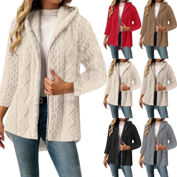 Women's Zip Up Hoodie Dqueduo Women's Double-Sided Fleece Zip-Up Hooded Coat – Cardigan-Style Mid-Length Outerwear with Pockets Beige XL