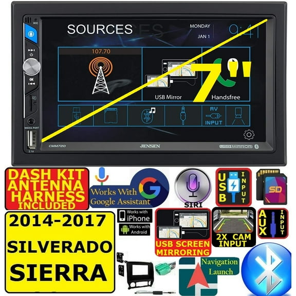 FITS 14- 17 SIERRA SILVERADO AM/FM USB/BLUETOOTH TOUCHSCREEN CAR RADIO STEREO PKG.  INCLUDES VEHICLE SPECIFIC INSTALLATION HARDWARE INCLUDING DASH KIT, WIRE HARNESS, AND ANTENNA ADAPTER WHEN RE