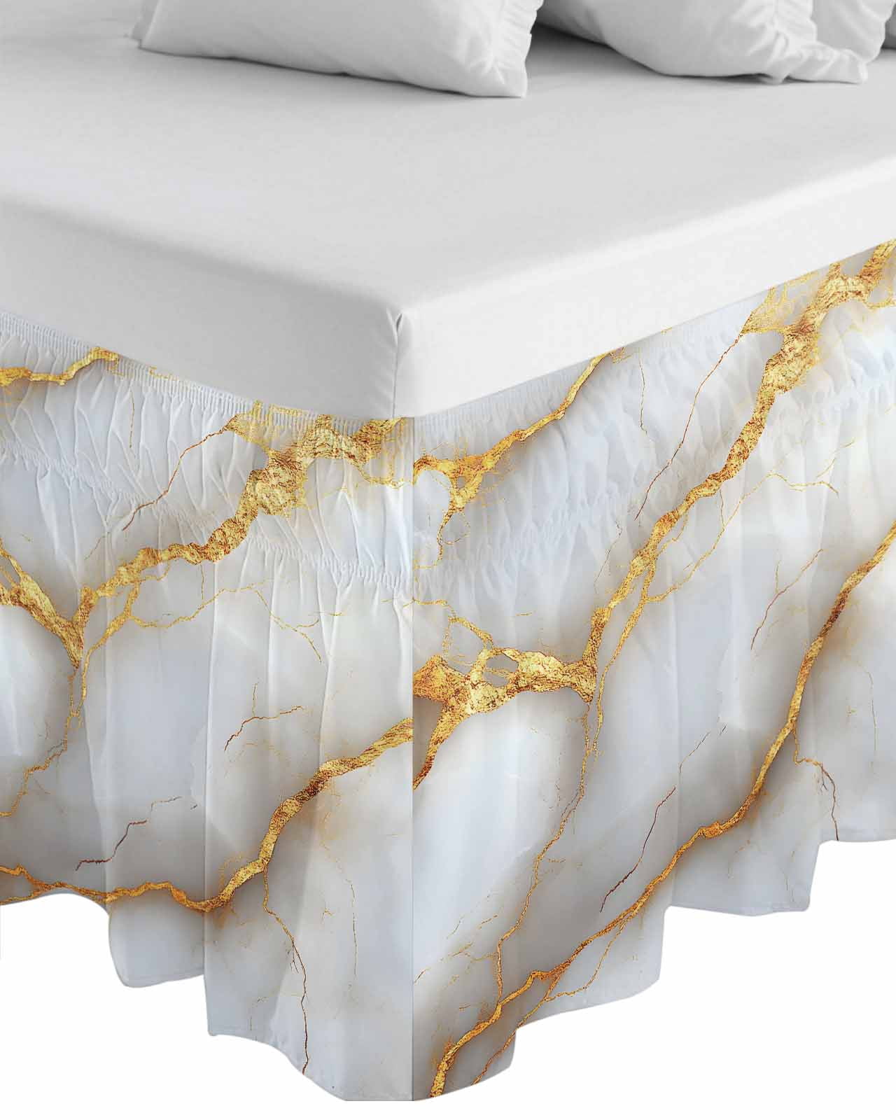 Marble Grey Bed Skirt Queen Size, Gold Texture Modern Crack Scenery Wrap Around Bed Skirting with Adjustable Elastic Strap, Dust Ruffle Pleated Bedskirts 16 Inch Drop for Bedroom Queen Beds