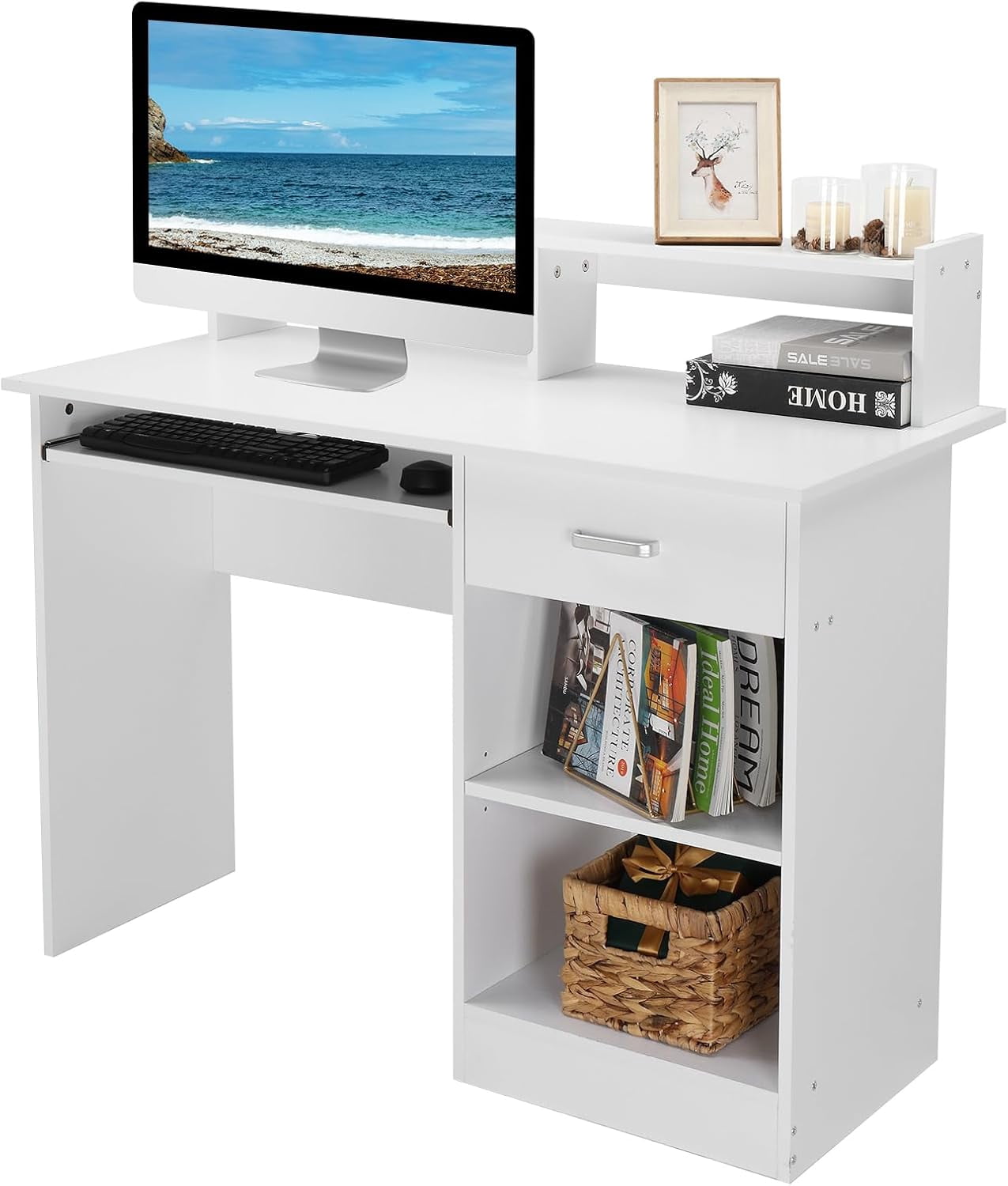 FCH Computer Desk, Multifunctional Workstation, w/Drawers, Keyboard Tray & Hutch, Modern Home Office Desks Suitable for Gaming, Studying, Home Office, White