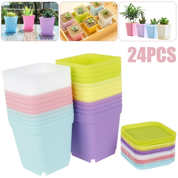 Ghopy 24pcs Plastic Plant Pots with Pallet Square Flower Pots Colorful Flower Nursery Seedling Pots Outdoor Indoor Planter Container for Room Office Garden Decor