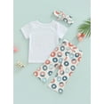 thumbnail image 4 of Bagilaanoe Baby Girls Summer Outfit Sets 3 6 12 18 Months Newborn White Short Sleeve Letter Print T-shirt Tops + Donut Print Flared Pants + Headband, 4 of 8