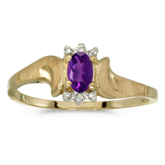 10k Yellow Gold Oval Amethyst And Diamond Satin Finish Ring