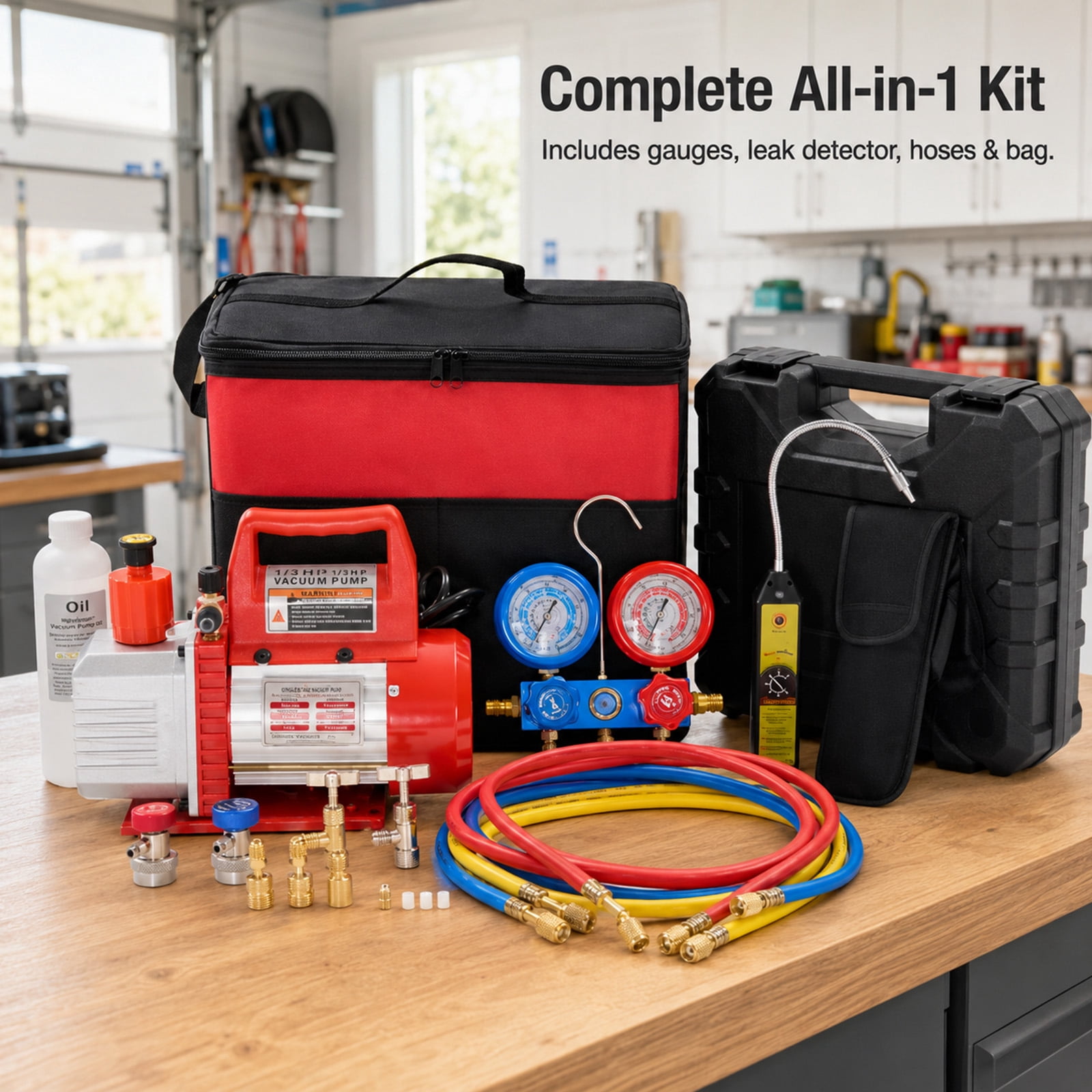 Alvantor 1/3HP 4CFM Vacuum Pump Kit with R13a R410A R22 R112 R410A Manifold Gauge Set, Leak Detector, R134a Quick Couplers, Can Tap & Carry Bag for AC Refrigeration Recharge