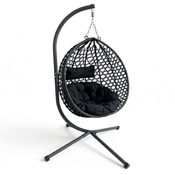 Folding PE Rattan Hanging Egg Chair with Stand, Black Indoor Outdoor Hammock Swing Basket Chair, Aluminum Steel Frame for Patio Balcony Backyard Bedroom