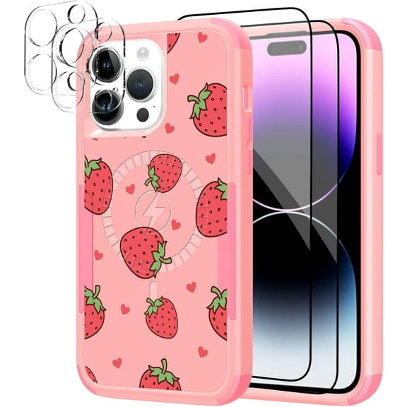 for iPhone 14 Pro Max Case Pink Strawberry Cute Pattern, 【Support for Magsafe】 Shockproof Cute 2* Screen Protector   2* Camera Protector Phone Case for Girls Women Full Body Protection Cover