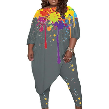 

Glookwis Ladies Elastic Waist Pajamas Crew Neck Two Piece Outfit High Waisted Loose Loungewear Long Sleeve Ink Splash Print Lounge Sets Grey 2XL