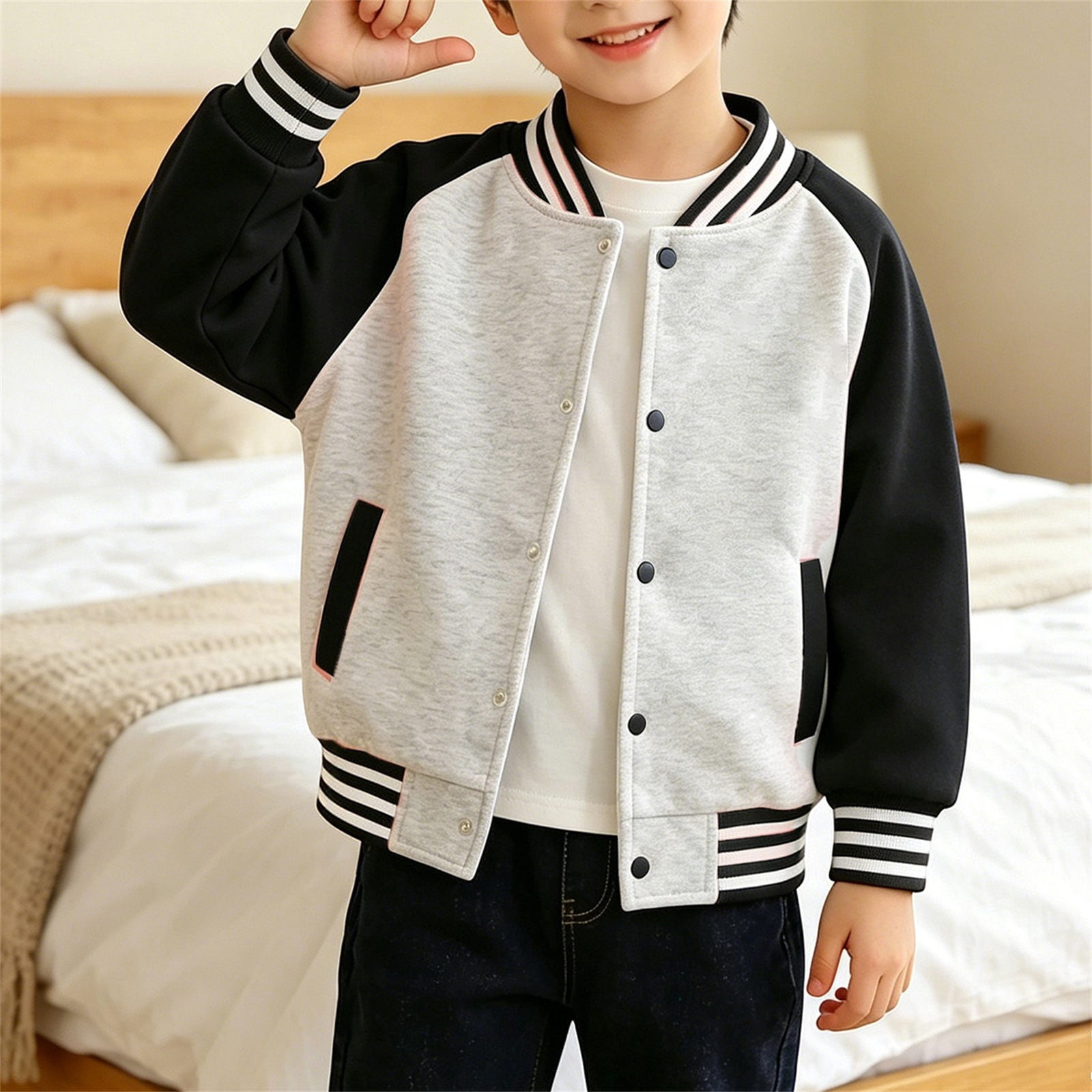 Boys Girls Retro Baseball Bomber Jacket Kids Classic Color Block Varsity Jackets Stand Collar Button Front Outerwear Coats