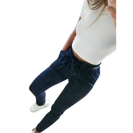Grey Cropped Trousers - Ladies High Waist Casual Harem Pants Bowtie Cropped Length Drawstring Slim Skinny OL Trousers Bow-knot Pencil Striped Pants