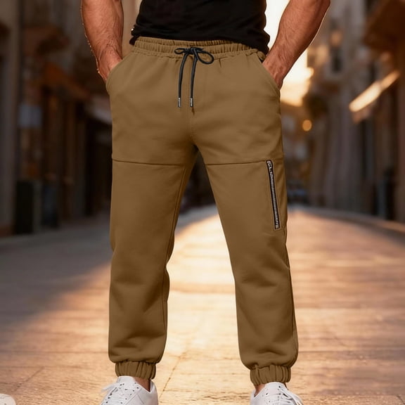 KIHOUT Men's Khaki Jogger Sweatpants Tapered Pants with Drawstring Waist and Zipper Pockets
