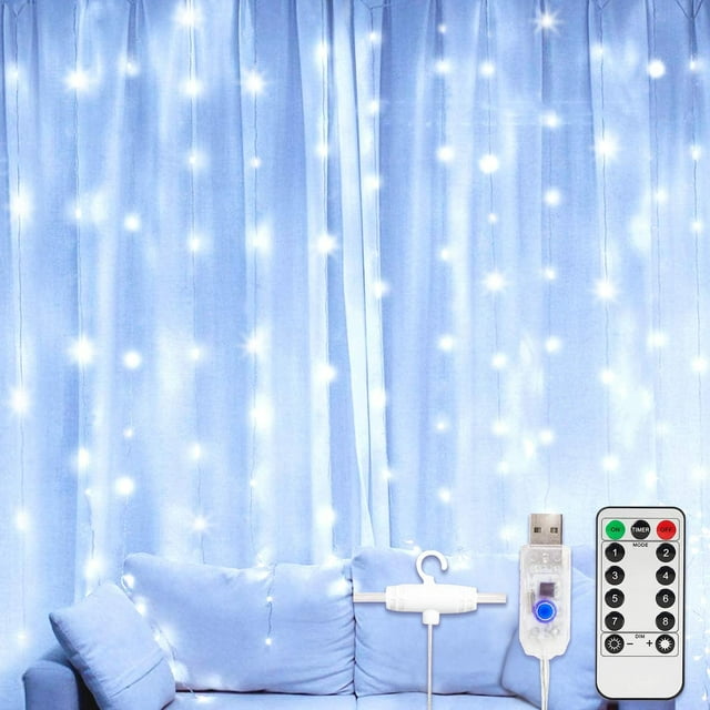 Window Curtain String Light 300 LEDs USB Powered Waterproof Fairy Lights 8 Lighting Modes Remote Control Lights for Christmas Bedroom Party Wedding Home Garden Wall Decorations, (White)