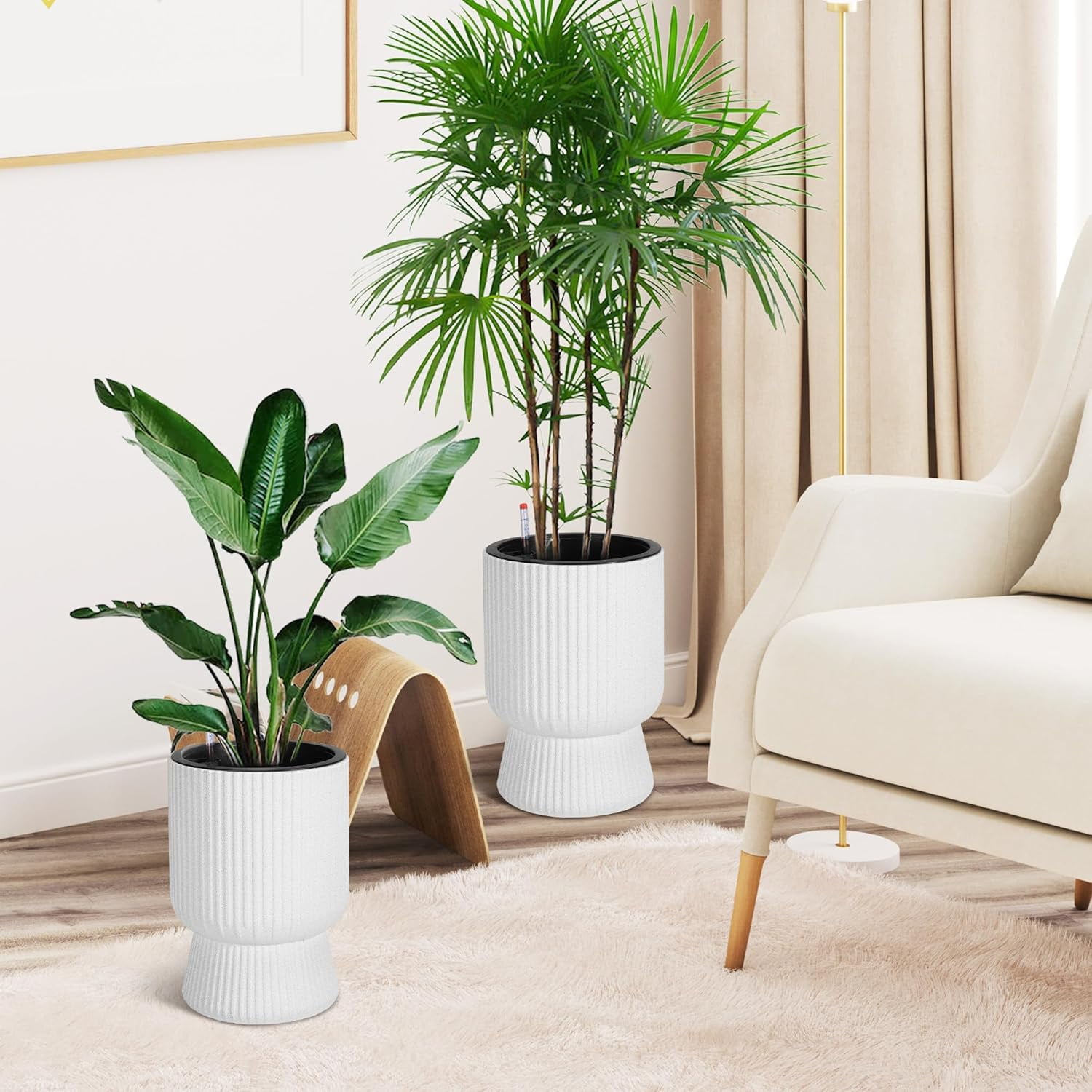 Riedhoff 14.2" Planters Pots Set of 2, with Inner Bucket & Water Level Monitor, Marble White