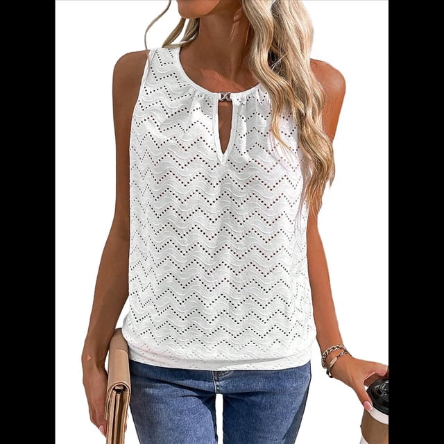 Camisola Informal con Bordado de Ojales para Mujer, Holgada, Sin Mangas, Cómoda y para Verano. S