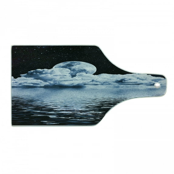 Moon Cutting Board, Moon Setting over Clouds Water Reflections Stars Universemed Image Print, Decorative Tempered Glass Cutting and Serving Board, Wine Bottle Shape, Black Blue White, by Ambesonne