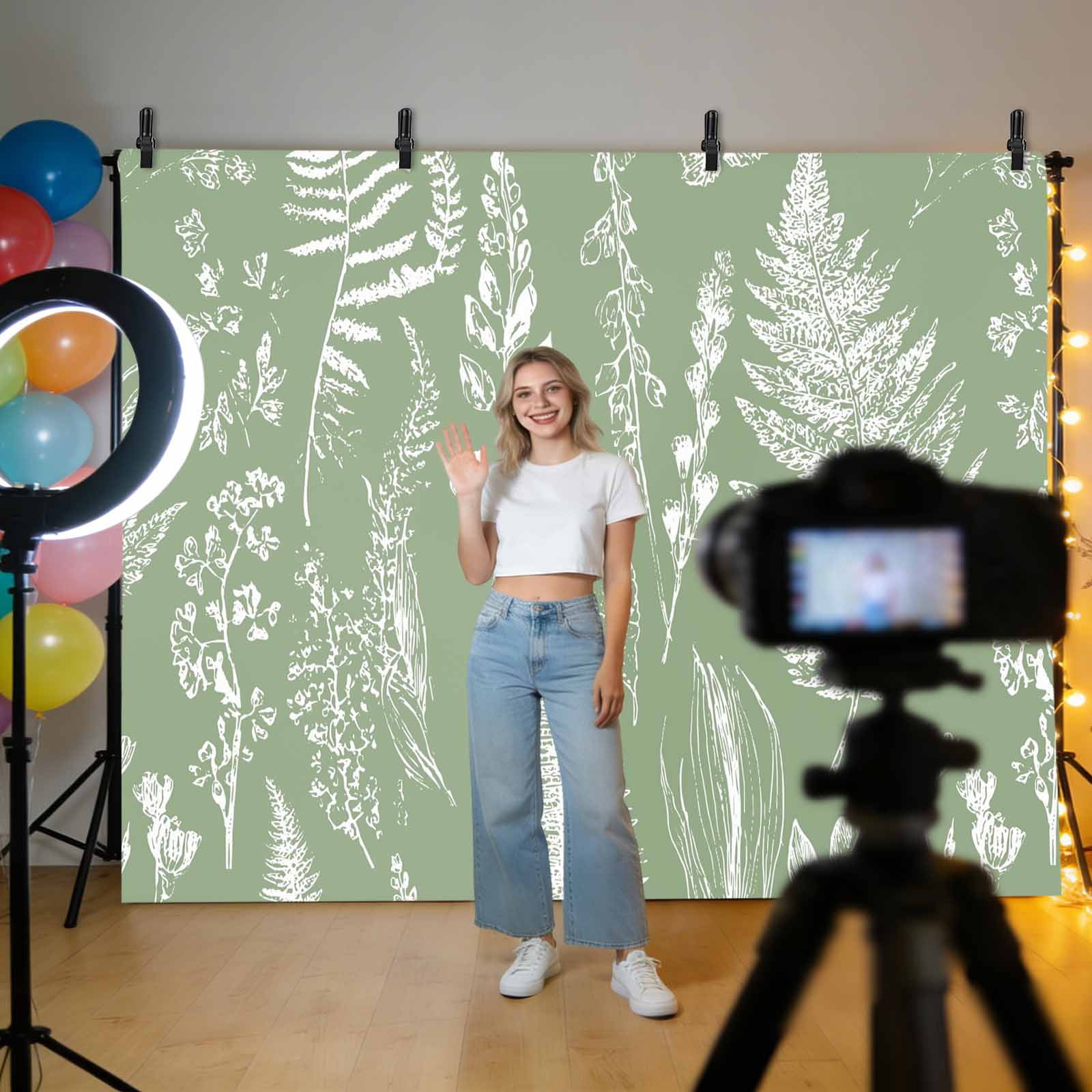 Abstract Leaves Backdrop for Photography, Sage Green Background Plant Hand-painted Photo Backdrop Portrait Background Party Banner Photo Backgrounds for Studio Booth Props, 7x5ft