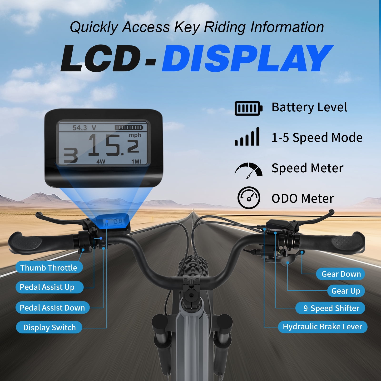 26" 52V 1000W Fat Tire Electric Bike, 15Ah Battery, 28MPH, 65+ Miles Range, 9-Speed, LCD Display - Adults Electric Bicycle Grey