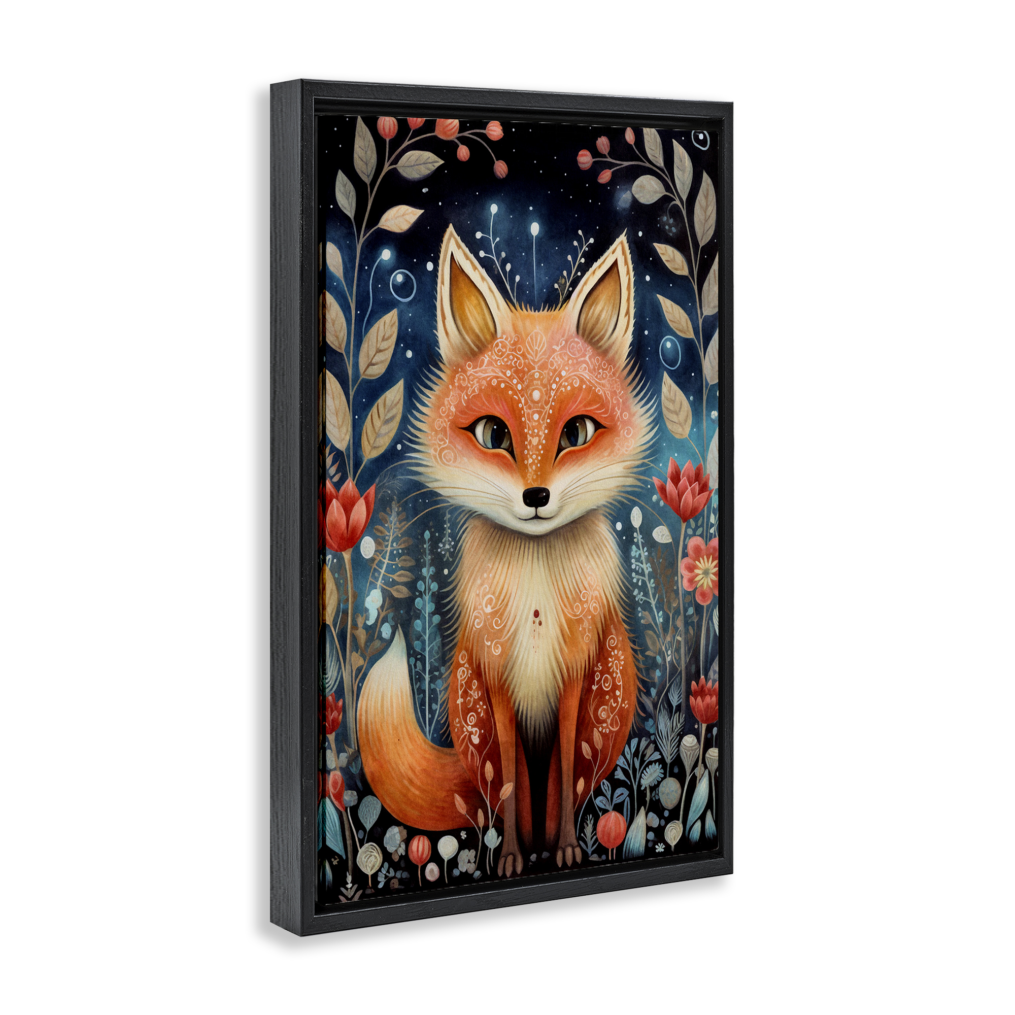 Stupell Industries Woodland Pattern Fox Animals & Insects Painting Black Floater Framed Art Print Wall Art, 21 x 31