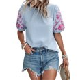 thumbnail image 2 of Women Floral Embroidered Textured Tops Crewneck Puff Short Sleeve Casual Loose Solid Embroidery Blouses Shirts Blue XL, 2 of 9