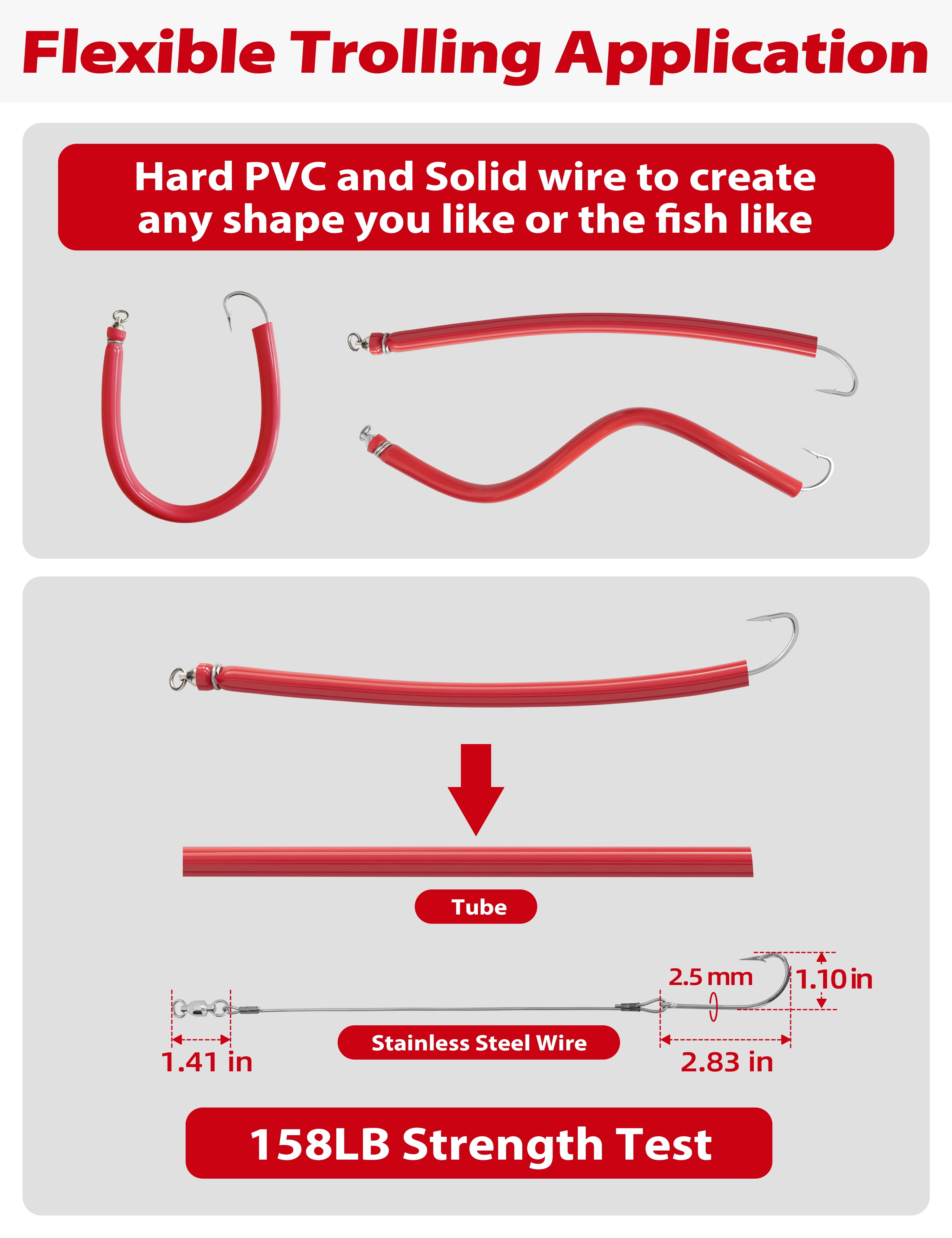 BLUEWING 15in Trolling Tube Fishing Lure with Soft Stainless Steel Wire and Single Hook Saltwater Striped Bass Trolling Tube Teaser Red