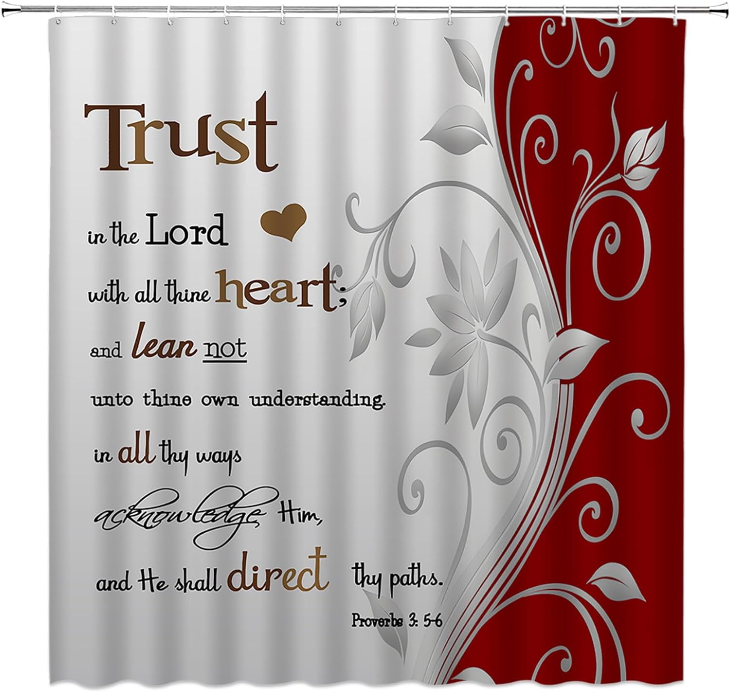 Inspirational Quote Trust in The Lord Shower Curtain Red Gray Abstract Floral Modern Geometric Fashion Creative Bathroom Decor Fabric Curtain with Hooks