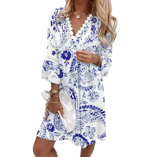 VISgogo Vestido suelto con cuello en V para mujer, bohemio 3/4 de manga larga con ribete de encaje, minivestido de playa fluido VISgogo moda