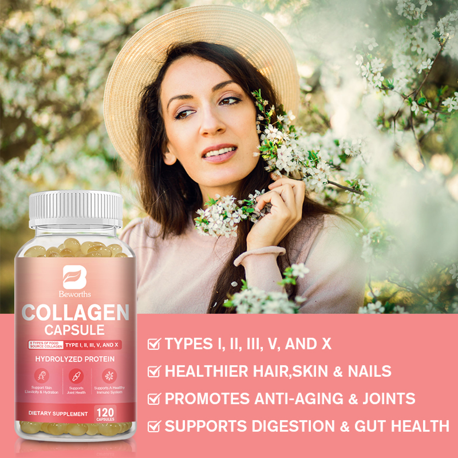 (2 Pack) Multi Collagen Capsules, with Hydrolyzed Collagen Type I, II, III, V, X for Hair, Skin, Nail & Joint Support, 120 Capsules